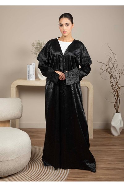 Msquare Fashion Front Open Black Jacquard Abaya