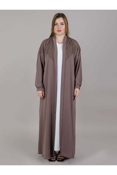 Msquare Fashion Front Embroidered Brown Nida Abaya