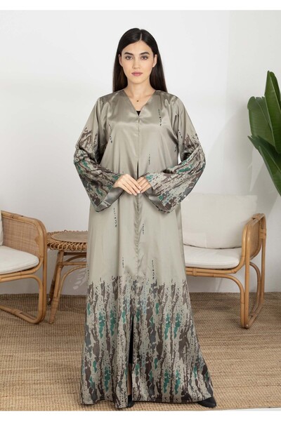 Msquare Fashion Brown Taffeta Printed Open Abaya – Effortless Elegance
