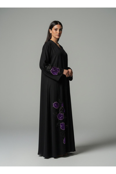 Msquare Fashion Luxe Black Korean Nida Abaya – Purple Sequin Floral Handwork ...