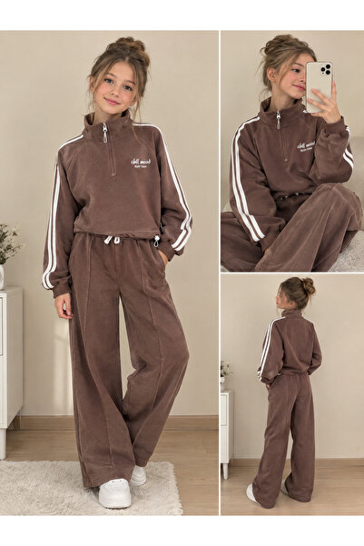 İndirimkusu "Chill Mood" Embroidered, Half-Zip Stand Collar Stripe Detailed S...
