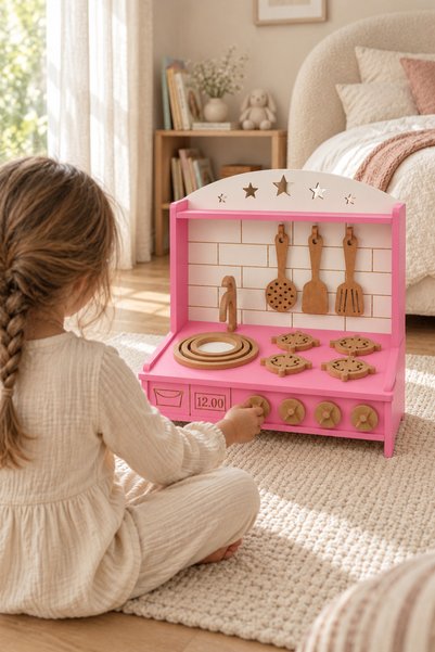 Buradadavar Hobi Ahşap Ahşap Pembe Boyalı Mini Ekonomik Oyuncak Mutfak Seti T...