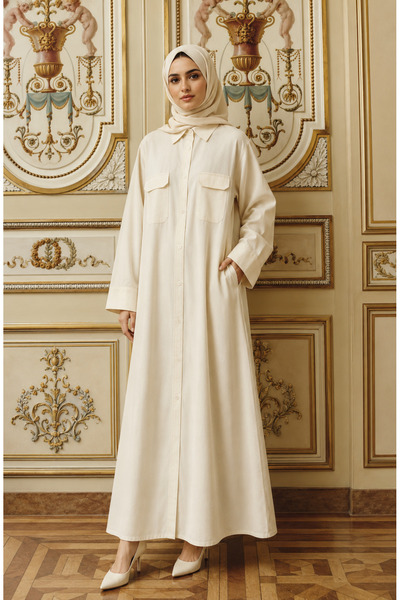 Msquare Fashion Cream Shirt-Style Abaya with Collar & Cargo Pockets