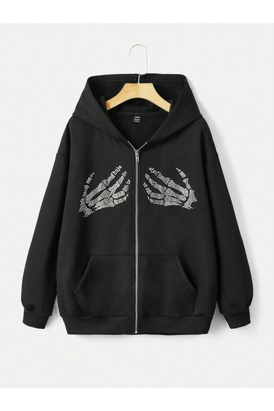 HAI COLLECTİON Siyah Kuru Kafa Elli Taşlı Kapüşonlu Sweatshirt Oversize Fermu...