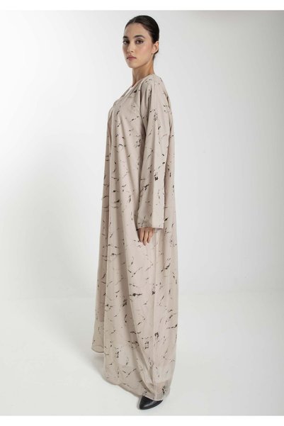 Msquare Fashion Minimalist Printed Chiffon Beige Abaya with Matching Headscarf