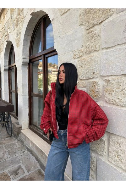 kırmızı butiks Kırmızı Lora Ekose Bomber Ceket