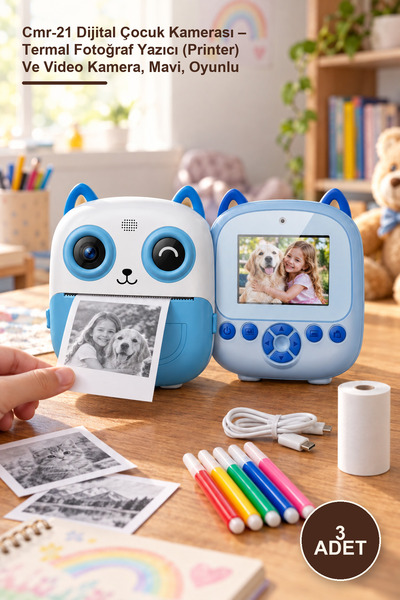 Yenilig 3 Adet Cmr-21 Dijital Çocuk Kamerası – Termal Fotoğraf Yazıcı (Printer) Ve Video Kamera, Mavi, Oyunlu