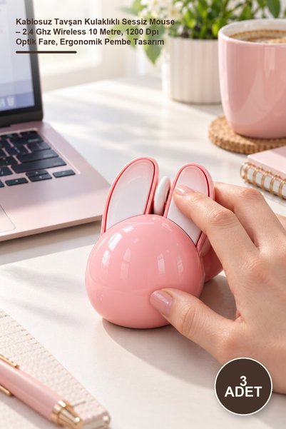 Yenilig 3 Adet Kablosuz Tavşan Kulaklıklı Sessiz Mouse – 2.4 Ghz Wireless 10 Metre, 1200 Dpı Optik Fare, Ergonomik Pembe Tasarım