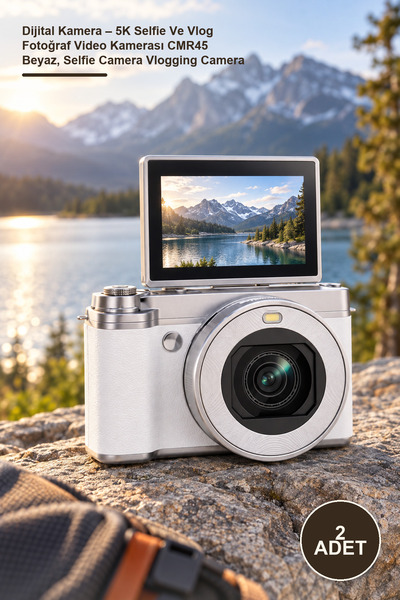 2 Adet Dijital Kamera – 5K Selfie Ve Vlog Fotoğraf Video Kamerası CMR45 Beyaz, Selfie Camera Vlogging Camera