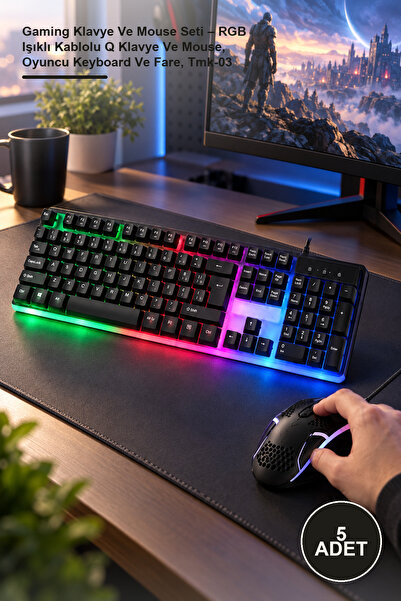 Yenilig 5 Adet Gaming Klavye Ve Mouse Seti – RGB Işıklı Kablolu Q Klavye Ve Mouse, Oyuncu Keyboard Ve Fare, Tmk-03
