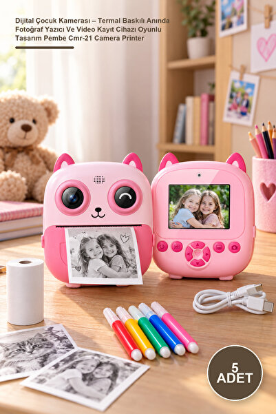 5 Adet Dijital Çocuk Kamerası – Termal Baskılı Anında Fotoğraf Yazıcı Ve Video Kayıt Cihazı Oyunlu Tasarım Pembe Cmr-21 Camera Printer