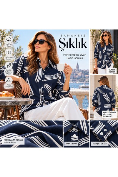 PAROZA Kadın Lacivert Beyaz Çizgili Oversize Gömlek – Uzun Kollu Düğmeli Günl...