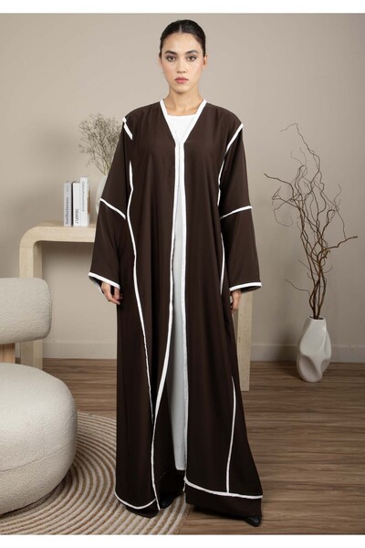 Msquare Fashion Elegant Front Open Brown Nida Abaya with White Contrast Piping