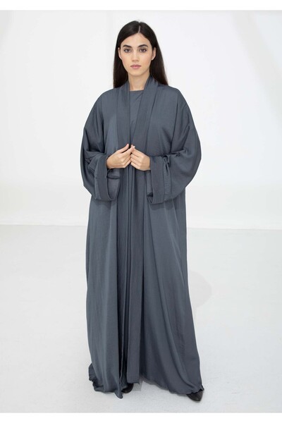 Msquare Fashion Dark Grey Harir Maqsood Open Abaya Set with Matching Under Dr...