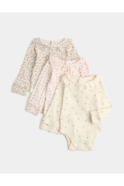 Marks & Spencer 3'lü Saf Pamuklu Çiçek Desenli Uzun Kollu Bebek Tulum Set