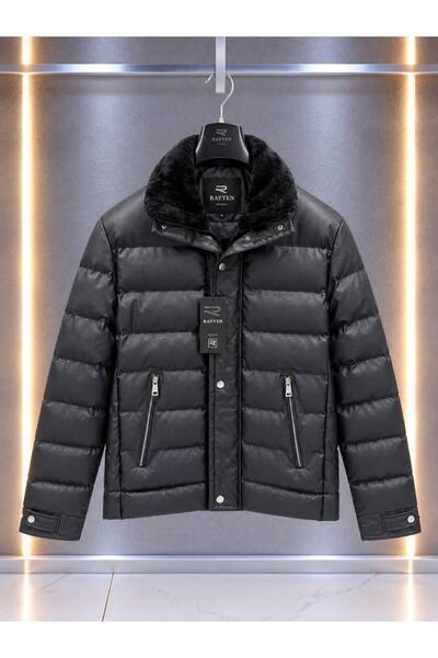 Vesli Men's Black Napa Leather Fur Collar Zippered Winter Puffer Coat Regular Fit