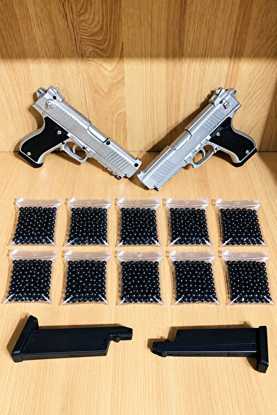 Gümüş Renkli Boncuk Atan Oyuncak 2'li Set + 10 Paket Siyah Boncuk ve 2 Şar-jör