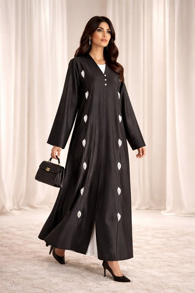 Msquare Fashion Victoria Satin Petal Detail Abaya I Classic Black
