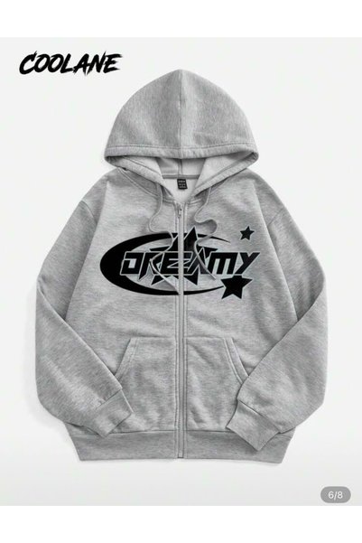 HAI COLLECTİON Unisex Gray Hooded Zippered Sweatshirt 3 Thread Thick Ribbed O...