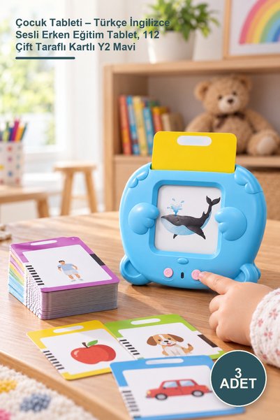 Yenilig 3 Adet Çocuk Tableti – Türkçe İngilizce Sesli Erken Eğitim Tablet, 112 Çift Taraflı Kartlı Y2 Mavi