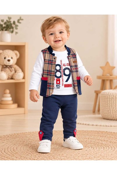 krm kerem bebe Baby Boy Cotton Plaid Pattern Snap-Back Vest 3-Piece Set Long ...