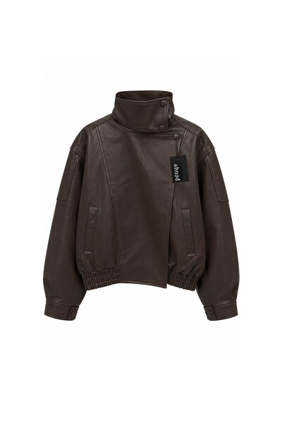 praye High-Neck Faux Leather Jacket Brown