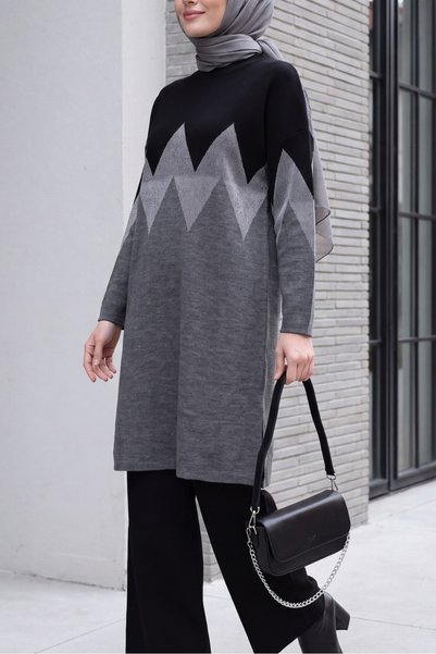 Modamorfo Zigzag Patterned Glittery Trousers and Slit Knitwear Set - Black