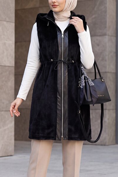 Modamorfo Hooded, Zippered, Pocketed, Drawstring Waist, Leather Detailed Fox ...