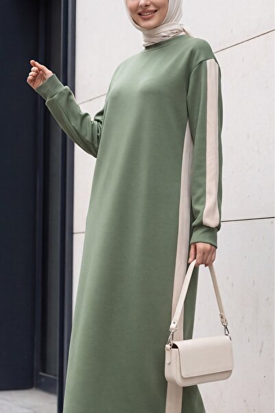 Modamorfo Dress with Garnished Sides and Sleeves -Khaki