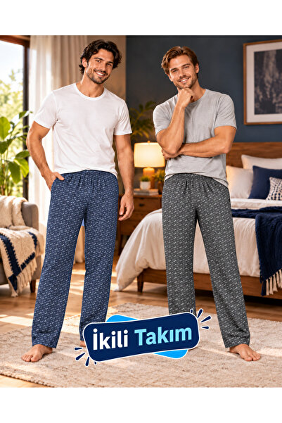 DONEX Erkek Pijama Füme ve Mavi İkili Takım