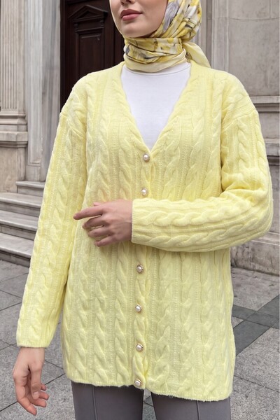 Modamorfo Hair Weave Patterned Pearl Buttoned Knitwear Cardigan - Light Yellow