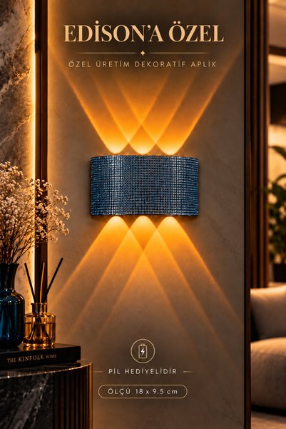 Edison Pilli Aplik Kablosuz LED Duvar Lambası Mavi Kristal Taşlı Dekoratif Ay...