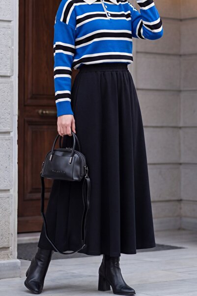 Modamorfo Elastic Waist Double Pocket Diagonal Skirt - Black