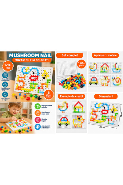 Generic Brand Joc Educativ Mozaic cu Pioneze Colorate, Mushroom Nail, 120+ Pi...