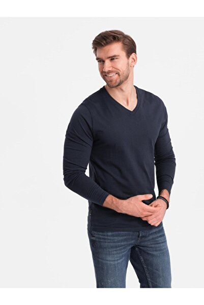OMBRE Tricou bărbătesc cu mânecă lungă, croială normală, decolteu în V, jerse...