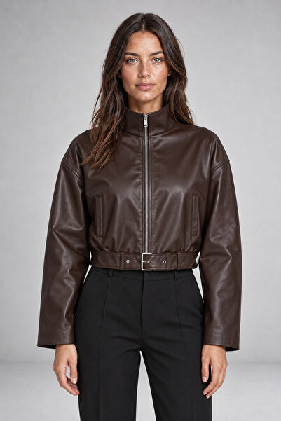 Freemen Women's Brown Leather Jacket - Belt Detailed Crop Oversize Leather Ja...