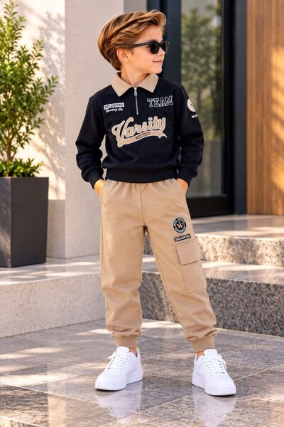 ANKANOVA Boys' Collared Zipper Detailed Sweat Cargo Pocket Tracksuit Set