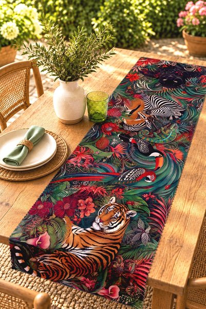 EVPANYA Botanical Illustration Animals Patterned Runner/Tablecloth/Placemat