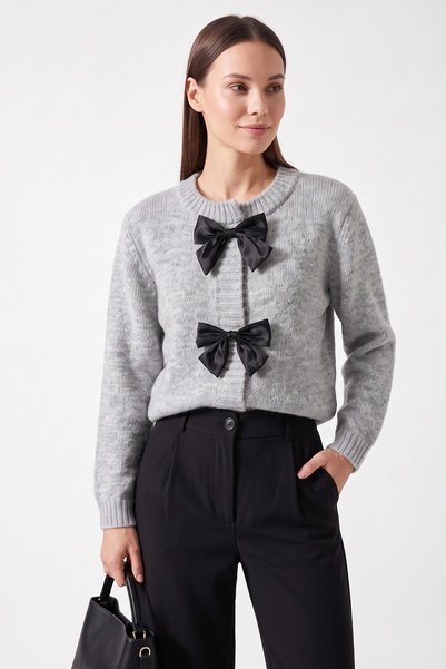 zenne Bow Detailed Knitwear Cardigan T2613 - Gray
