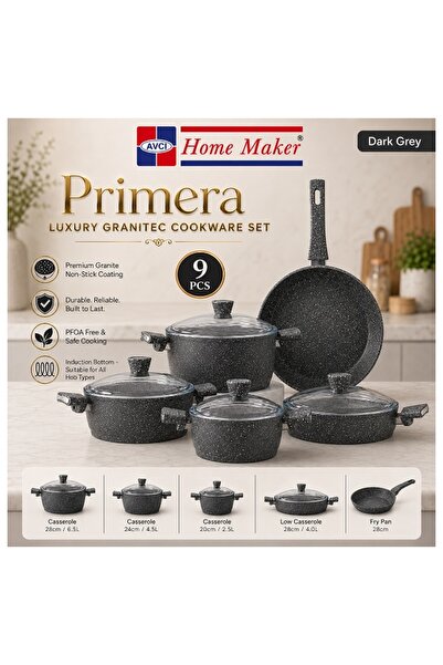 AVCI HOME MAKER Primera Granitec 9 Piece Non-Stick Cookware Set With Glass Li...