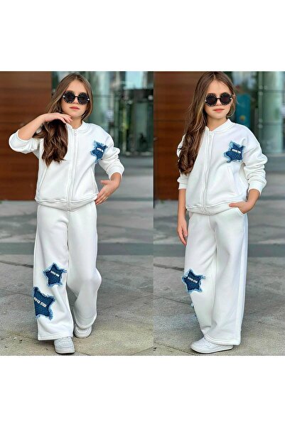 AYKİDSCLUP Kız Çocuk Kot Yıldız Detaylı Şardonlu Fermuarlı Sweatshirt ve Bol Paça Eşofman Takımı 43183 -