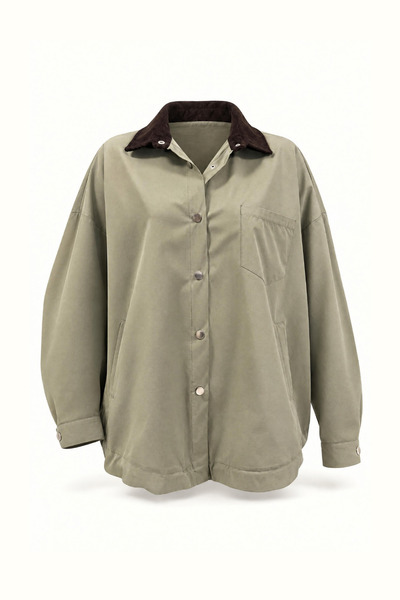 Sezgi Tekin Velvet Collar, Waist Drawstring Detail, Padded Khaki Jacket