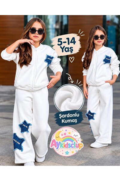 AYKİDSCLUP Kız Çocuk Kot Yıldız Detaylı Şardonlu Fermuarlı Sweatshirt ve Bol Paça Eşofman Takımı 43183 -