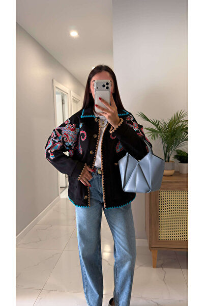 BİRCANÇİL Molse Black Embroidered Suede Jacket