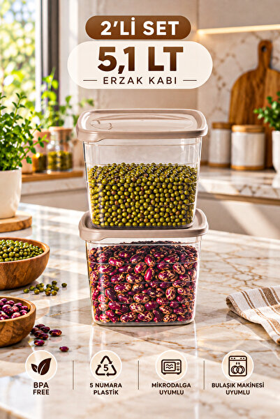 Porsima 0975 2'li Kare Erzak Saklama Kabı Seti 5,1 LT Cafe Latte - Şeffaf Bakliyat, Deterjan & Mutfak Düzenleyici Kutu