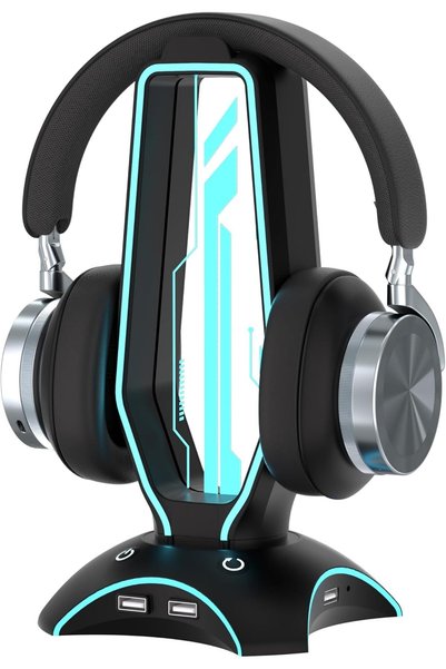 GENERAL حامل سماعات رأس RGB وحامل سماعات الألعاب مع محور USB ثلاثي المنافذ، يتميز بـ 6 ألوان LED + وضع الإضاءة المتقطعة، مناسب لمختلف الأماكن، وهو الإكسسوار المثالي للاعبين.