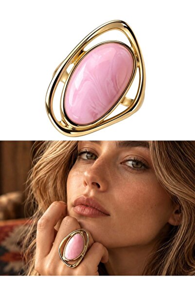 Retrobird Adjustable Oval Stone Detailed Vintage Ring for Women Pink