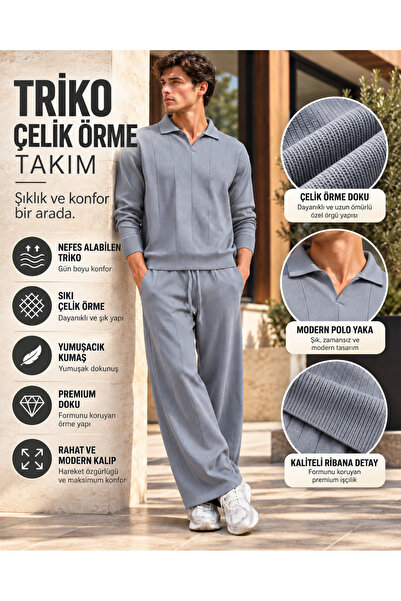 EKZMODA Men's Steel Knitted Knitwear Top and Bottom Set – Polo Collar Long Sl...