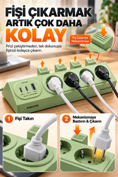 Merwish 4'lü Akım Korumalı Priz 350J – 3680W 16A, 2 USB-C 1 USB-A Çıkışlı, 15W USB Şarj, Fiş Çıkarma Mekanizmalı, 2 Metre Kablolu Çoklu Priz
