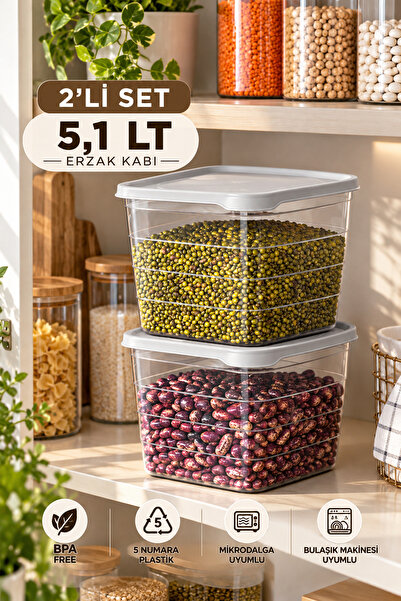 Porsima 0975 2'li Kare Erzak Saklama Kabı Seti 5,1 LT Cool Gri - Şeffaf Bakliyat, Deterjan & Mutfak Düzenleyici Kutu